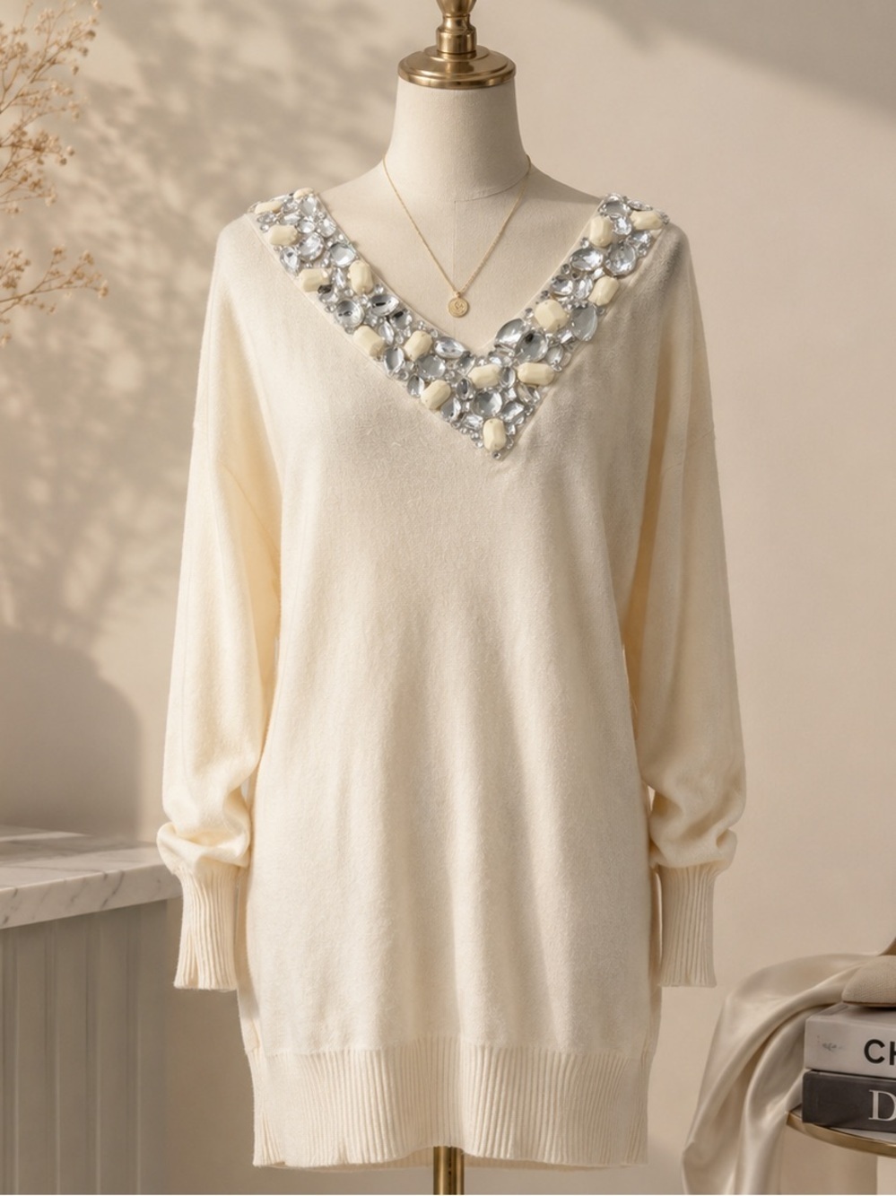 TWIN-SET Simona Barbieri Embellished Cashmere Silk Sweater Dress Tunic Large